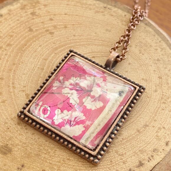 Vintage Pink Japanese Cherry Blossom Stamp Square Pendant Necklace - Picture 3 of 4